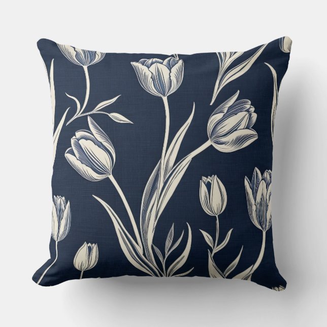 Block print blue and white tulips throw pillow (Front)
