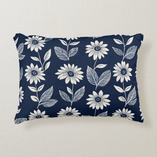 Block print boho floral blue and white accent pillow