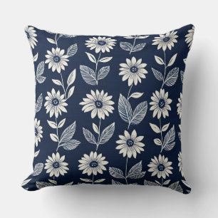 Block print  boho floral blue and white  throw pillow