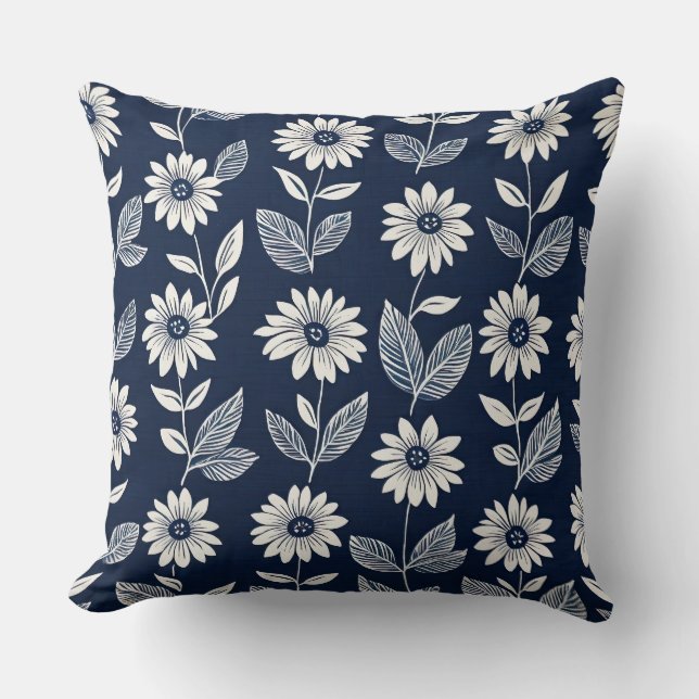 Block print  boho floral blue and white  throw pillow (Front)