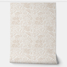 Block print floral neutral beige on white wallpaper