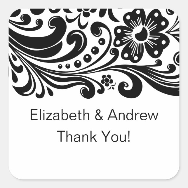 Block Print Floral Swirl Thank You Wedding Sticker (Front)