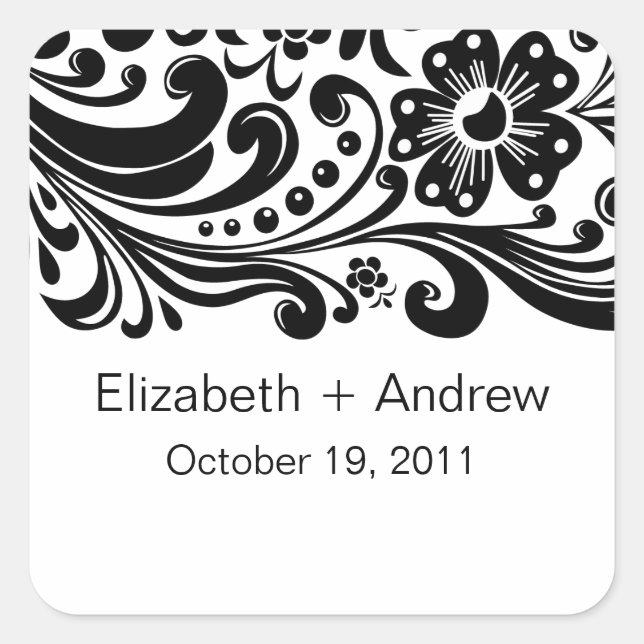 Block Print Floral Swirls Wedding Square Sticker (Front)