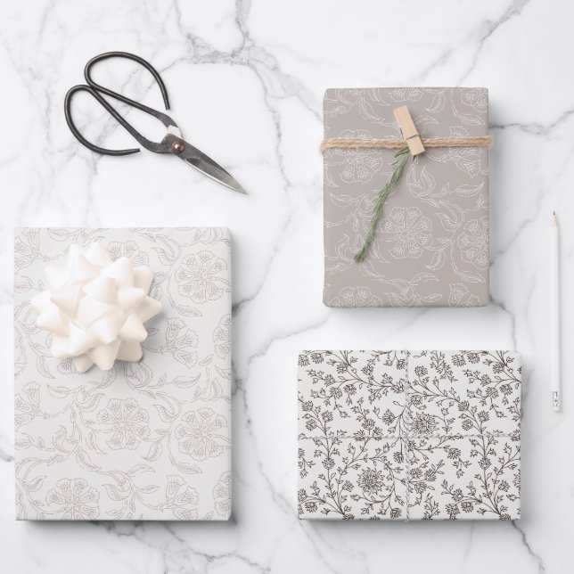 Block print inspired floral  wrapping paper sheet (Front)