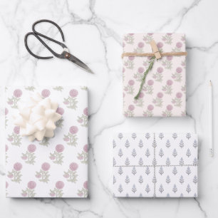 Block print inspired floral  wrapping paper sheet