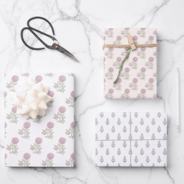 Block print inspired floral  wrapping paper sheet (Front)
