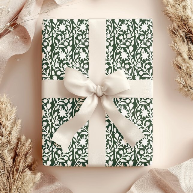 Block print inspired green floral  wrapping paper (Creator Uploaded)
