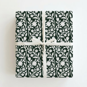 Block print inspired green floral wrapping paper