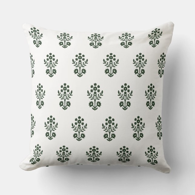 Block print inspired green flower throw pillow (Front)