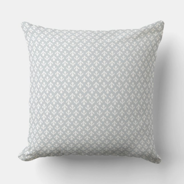 Block print inspired light grey/blue throw pillow (Front)
