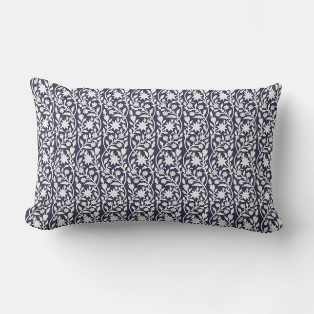 Block print inspired navy floral  lumbar pillow (Front)