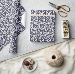 Block print inspired navy floral  wrapping paper