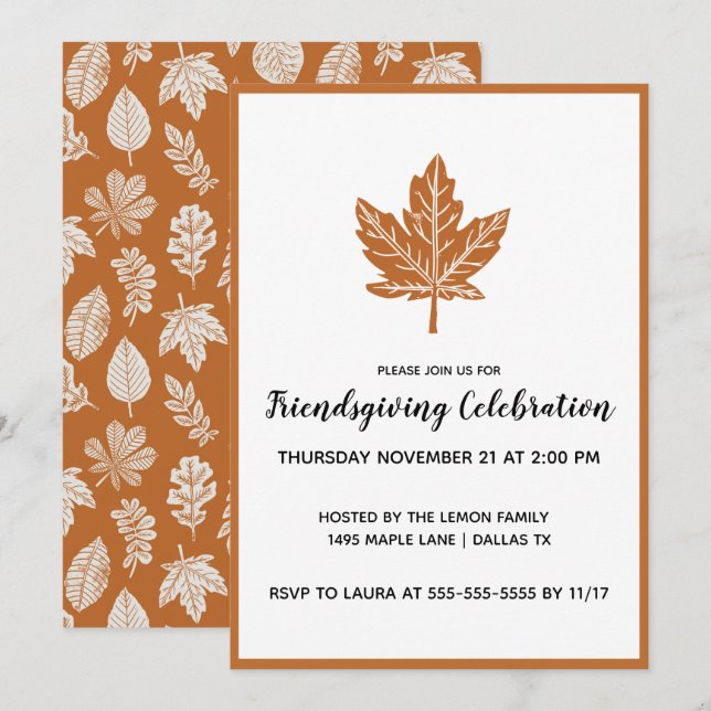 Block Print Maple Leaf Friendsgiving Invitation (Front/Back)
