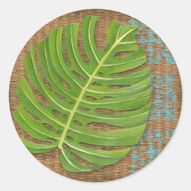 Block Print Palm on Wicker Background Classic Round Sticker (Front)