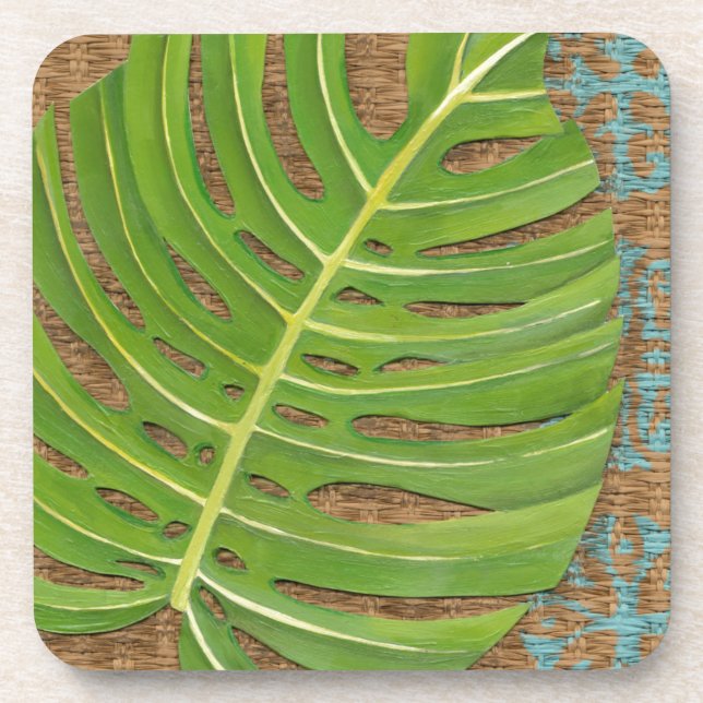 Block Print Palm on Wicker Background Coaster (Front)