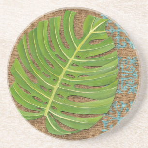 Block Print Palm on Wicker Background Coaster