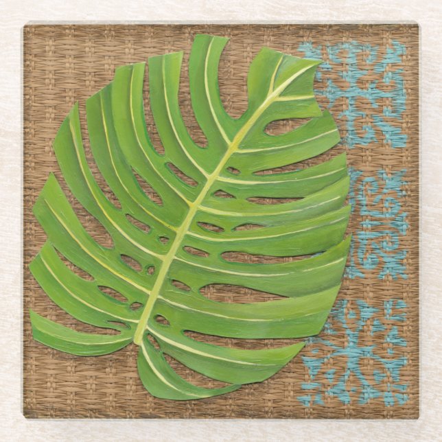 Block Print Palm on Wicker Background Glass Coaster (Front)