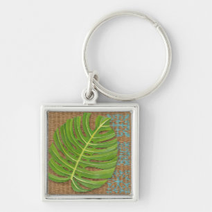 Block Print Palm on Wicker Background Keychain