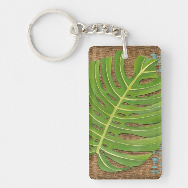 Block Print Palm on Wicker Background Keychain (Front)