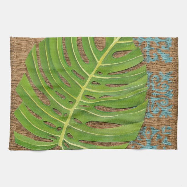 Block Print Palm on Wicker Background Kitchen Towel (Horizontal)