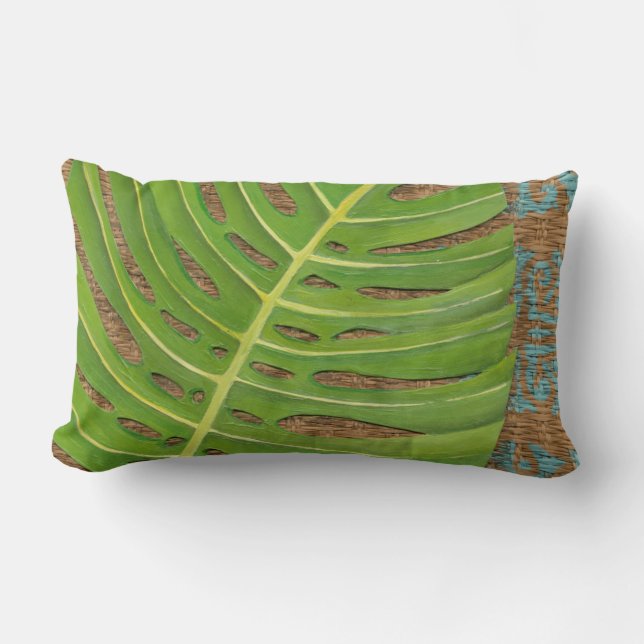 Block Print Palm on Wicker Background Lumbar Pillow (Front)