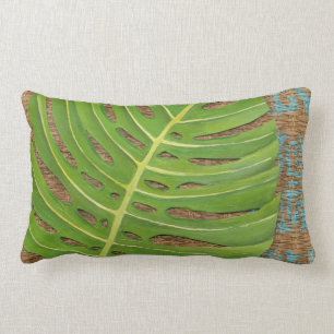 Block Print Palm on Wicker Background Lumbar Pillow