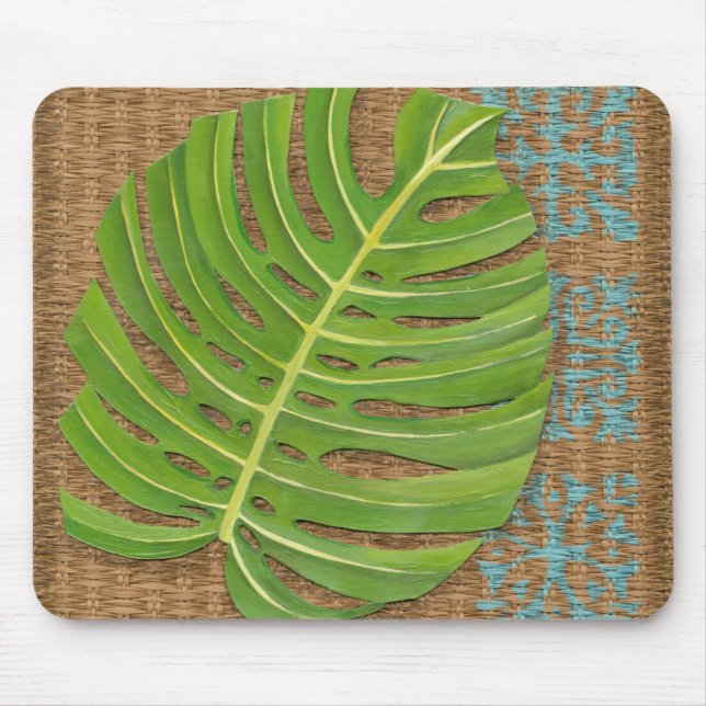 Block Print Palm on Wicker Background Mouse Pad (Front)
