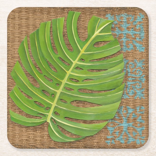 Block Print Palm on Wicker Background Square Paper Coaster (Front)
