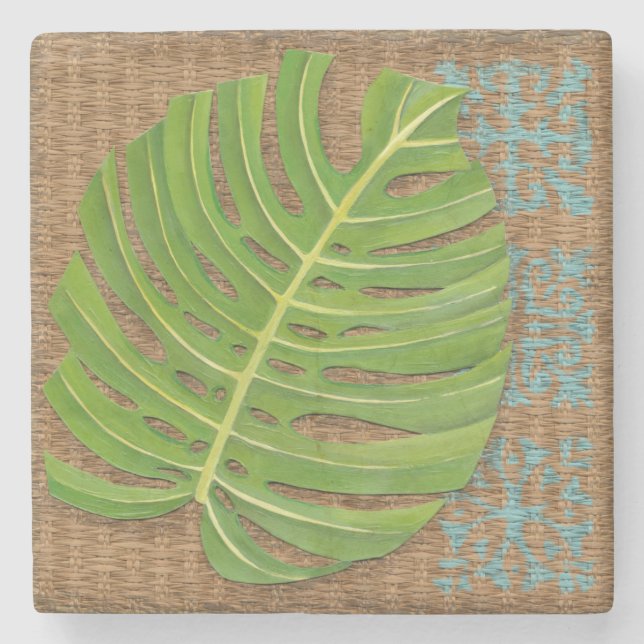 Block Print Palm on Wicker Background Stone Coaster (Front)