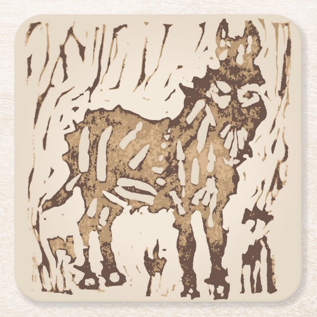 Block Print Sheep Donkey Quilt - brown donkey. Square Paper Coaster (Front)