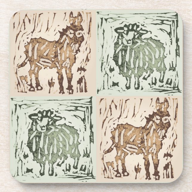 Block Print Sheep Donkey Quilt - farm animals. Coaster (Front)