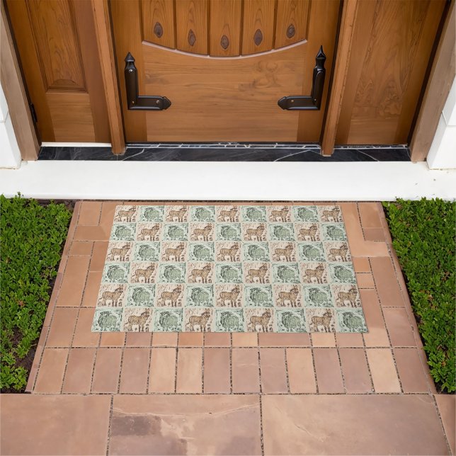 Block Print Sheep Donkey Quilt - Green Brown. Doormat (Outdoor)