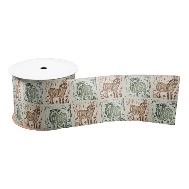 Block Print Sheep Donkey Quilt - Green Brown. Satin Ribbon (Spool)