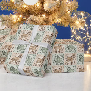 Block Print Sheep Donkey Quilt - Green Brown. Wrapping Paper