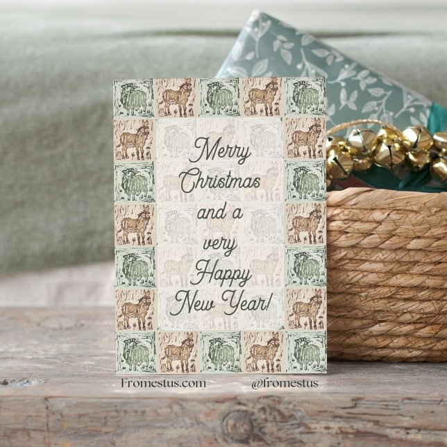Block Print Sheep Donkey Quilt - Green Christmas. Holiday Card (Creator Uploaded)