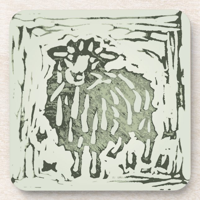 Block Print Sheep Donkey Quilt - green sheep. Coaster (Front)