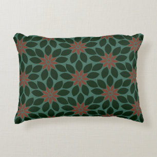 Block Print Tiled Flowers dark green red Accent Pillow