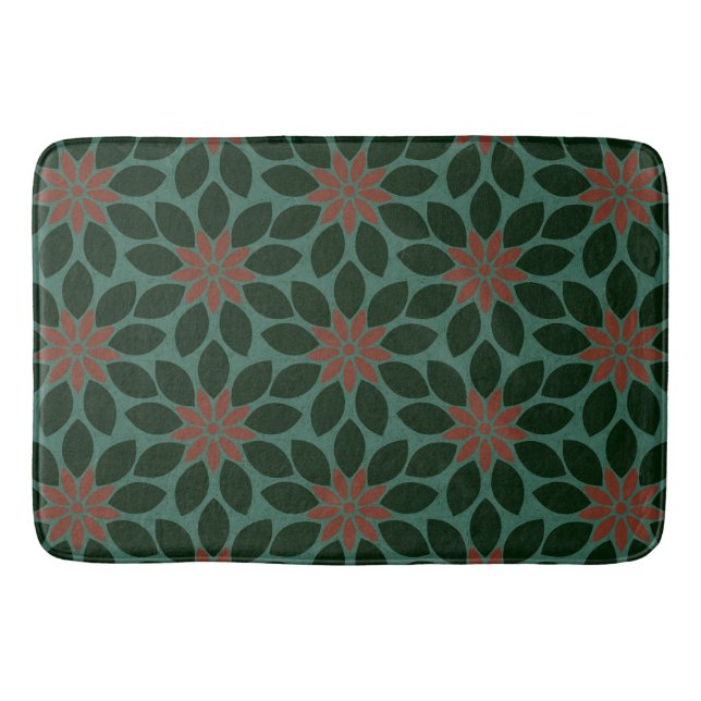 Block Print Tiled Flowers dark green red Bath Mat (Front)
