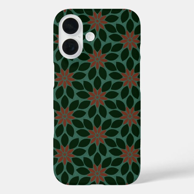 Block Print Tiled Flowers dark green red Case-Mate iPhone Case (Back)