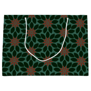 Block Print Tiled Flowers dark green red Large Gift Bag