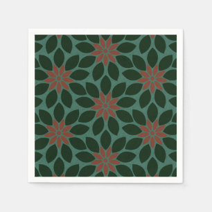 Block Print Tiled Flowers dark green red Napkin