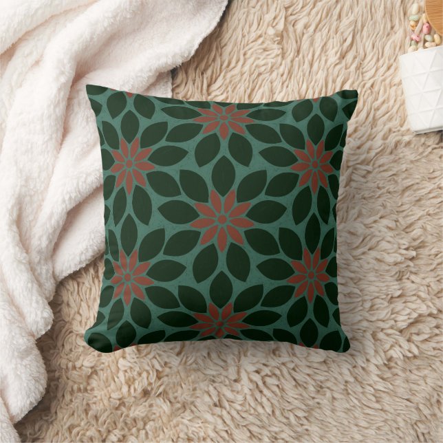 Block Print Tiled Flowers dark green red Throw Pillow (Blanket)