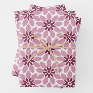 Block Print Tiled Flowers pink red Wrapping Paper Sheet