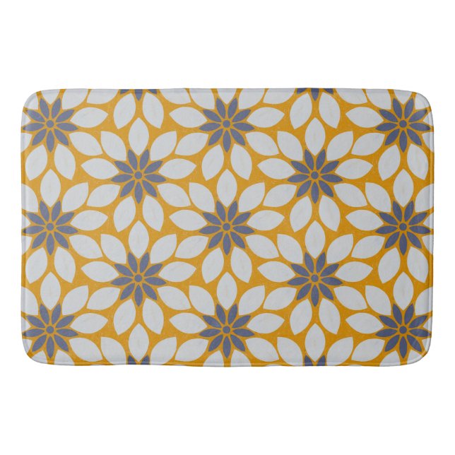 Block Print Tiled Flowers sunny yellow background Bath Mat (Front)
