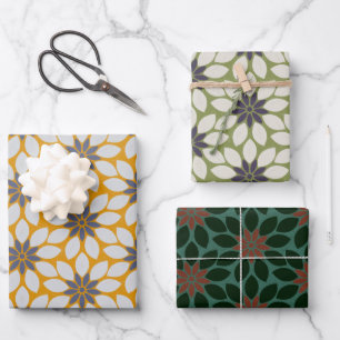 Block Print Tiled Flowers yellow green assorted Wrapping Paper Sheet