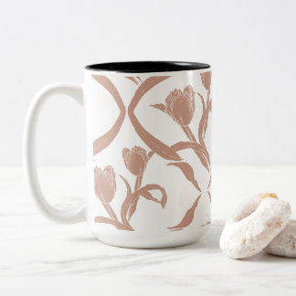 Block print tulips beige, wheat golden Two-Tone coffee mug