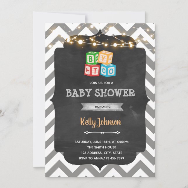 Block toy baby shower gender reveal invitation (Front)