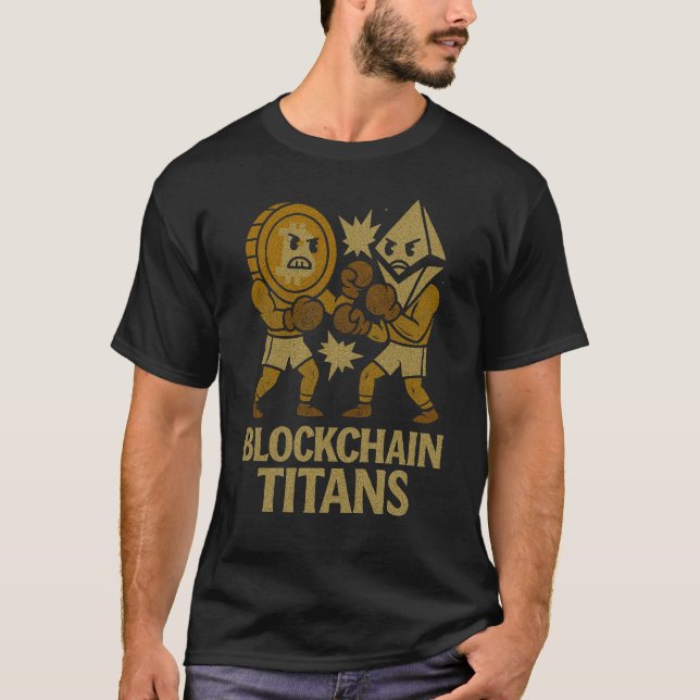 Blockchain Titans™ Bitcoin vs Ethereum Crypto T-Shirt (Front)