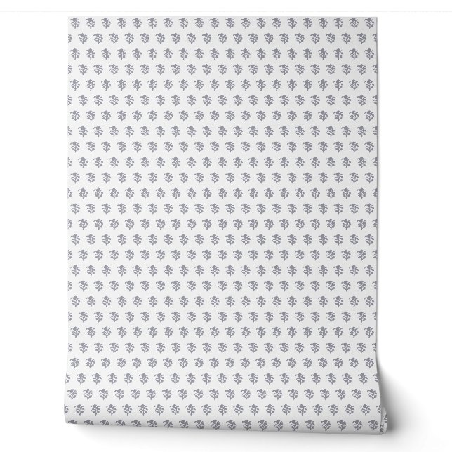 Blockprint inspired blue floral wallpaper (Unrolling)