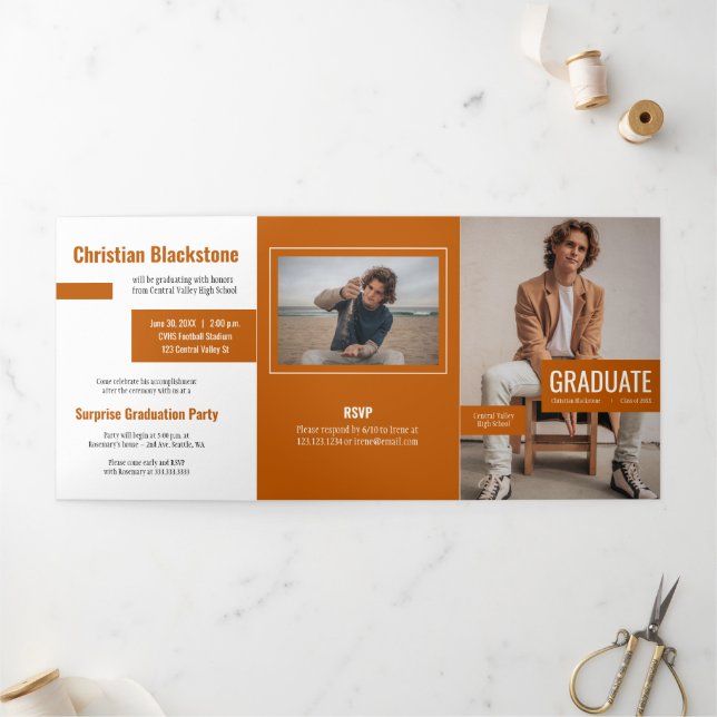 Blocks of Burnt Orange Four-Photo Graduation Tri-Fold Invitation (Outside)
